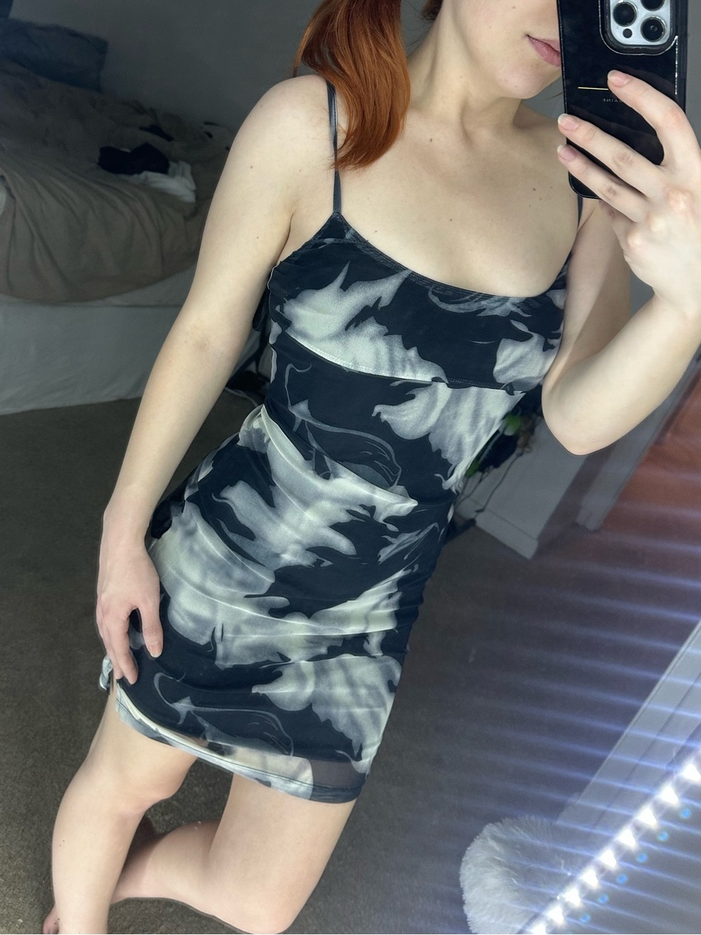 Fashion Nova Black & Cream Marble Slip Mini Dress
